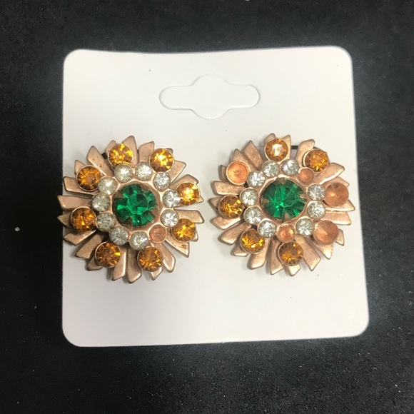 Vintage 50s 60s Green Orange Clear Rhinestone Earrings Screw Clip On Flowers - Picture 2 of 4
